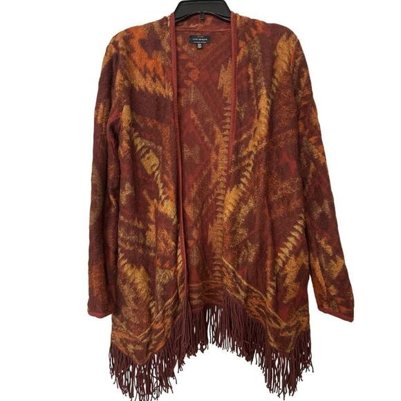 LUCKY BRAND Fringe Openfront Aztec Print Fringe Open Front Cardigan Size Medium - Picture 1 of 11